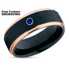 Rose Gold Tungsten Ring - Black Tungsten - Blue Sapphire Ring - Black Wedding Band