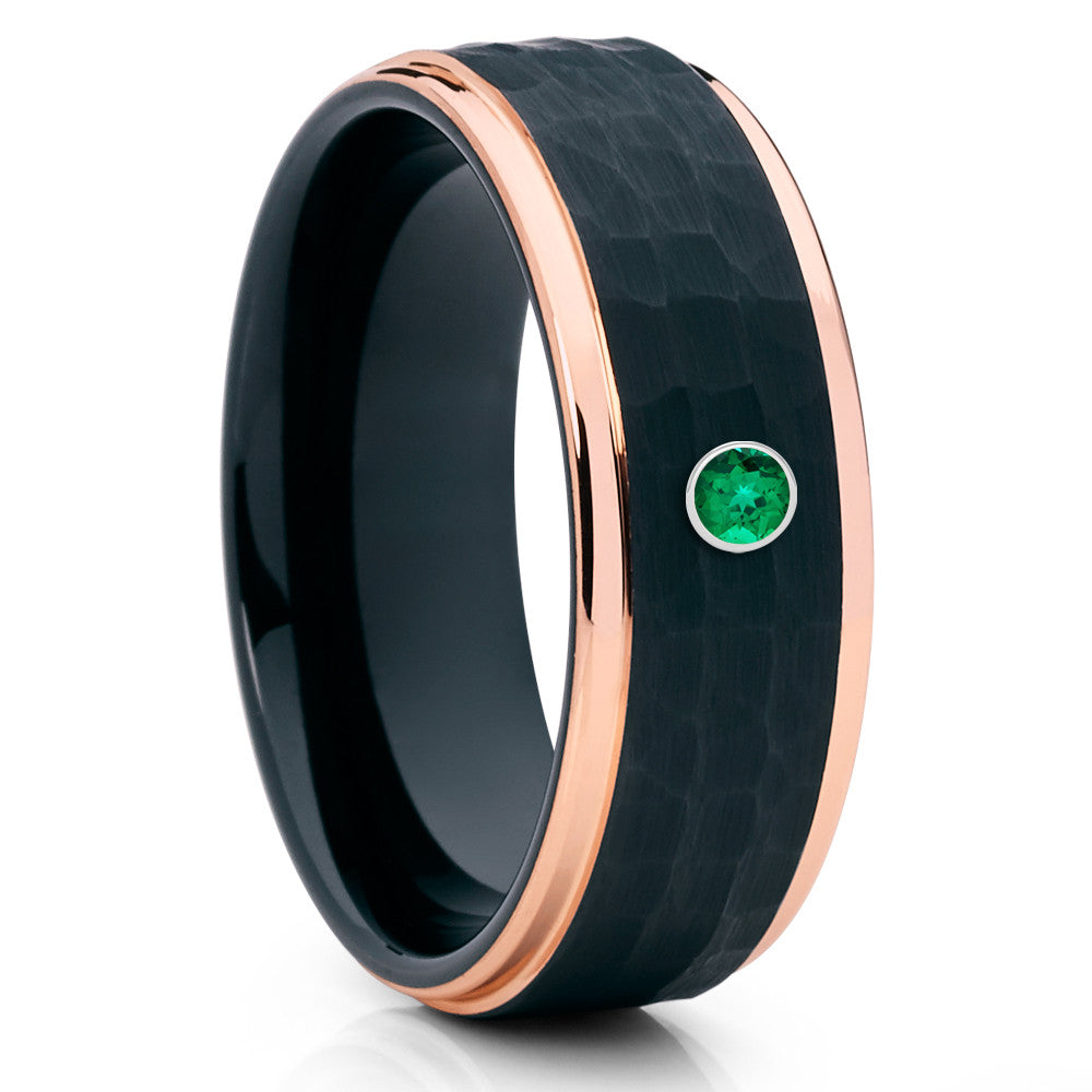 Black Tungsten Ring - Emerald Tungsten Ring - Rose Gold Tungsten - Hammered - Clean Casting Jewelry