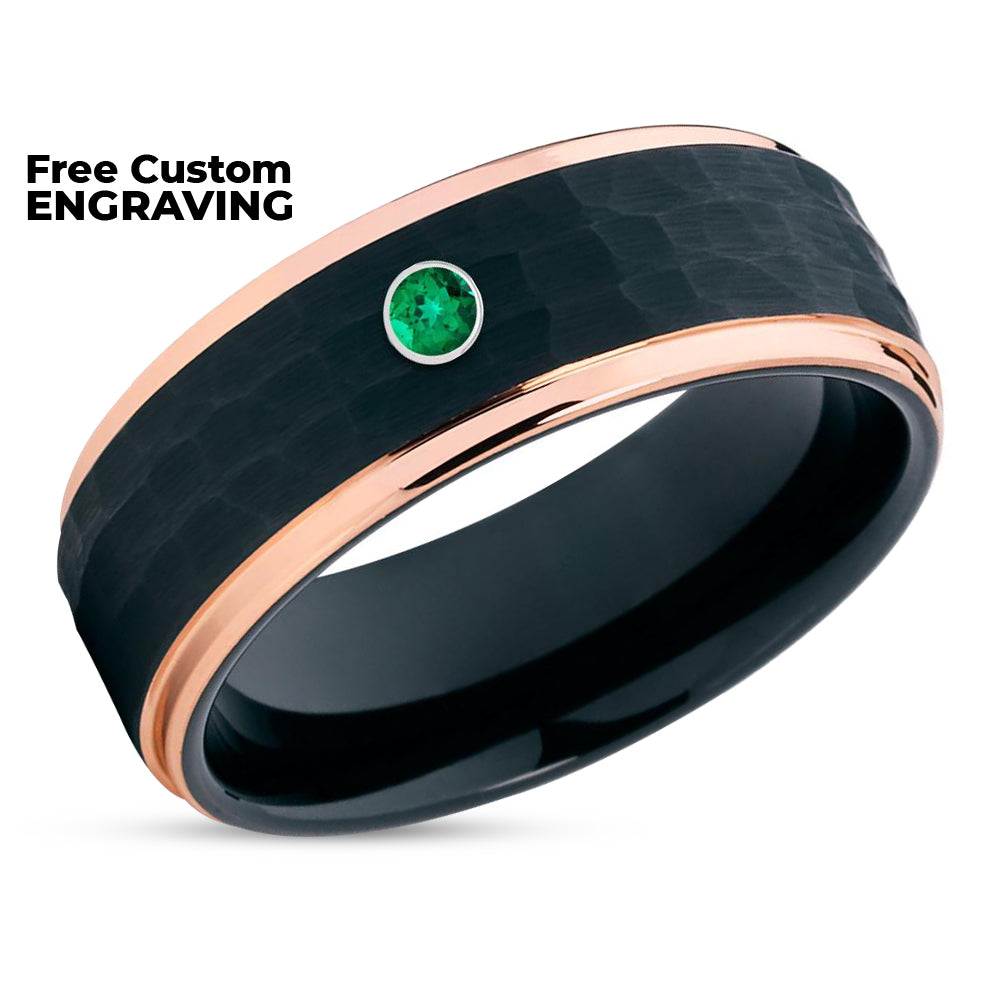 Emerald Wedding Ring - Rose Gold Tungsten Ring - Black Wedding Ring - Tungsten Ring - Band