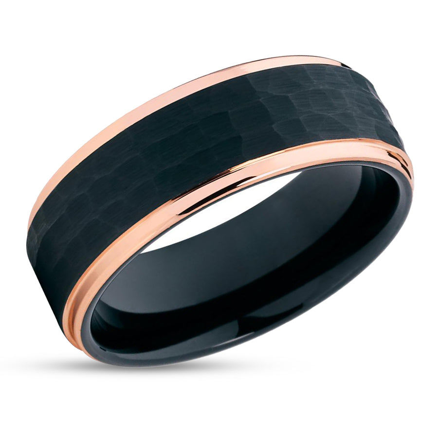 Rose Gold Tungsten Ring - Hammered Ring - Black Tungsten Ring - Brush