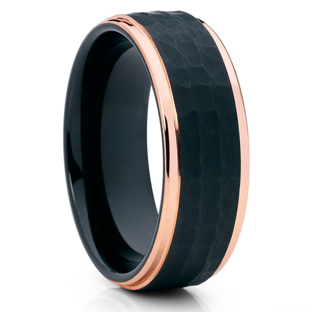 Rose Gold Tungsten Ring - Hammered Ring - Black Tungsten Ring - Brush - Clean Casting Jewelry