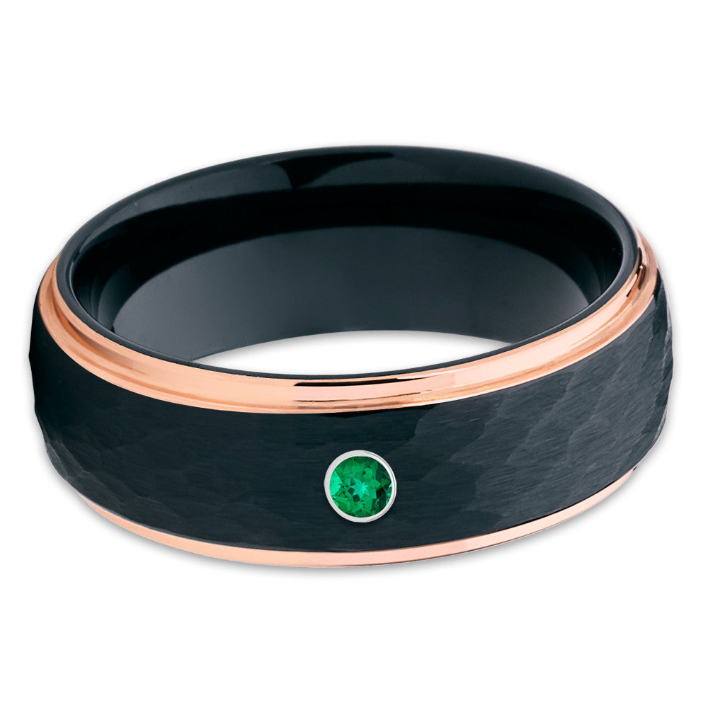 Black Tungsten Ring - Emerald Wedding Band - Rose Gold - Black Ring - 8mm - Clean Casting Jewelry