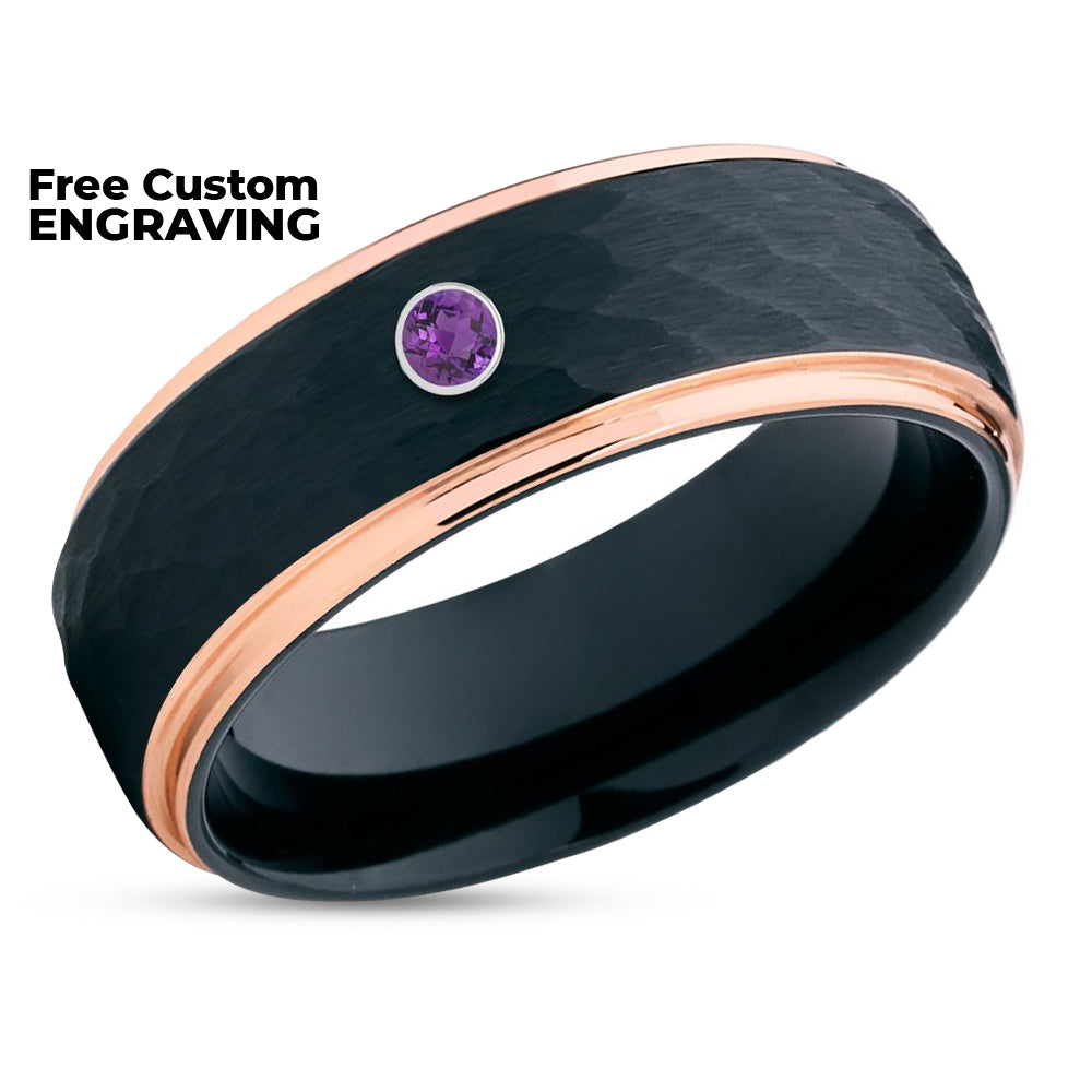 Amethyst Wedding Ring - Rose Gold Tungsten Ring - Black Tungsten Ring - Amethyst Wedding Ring