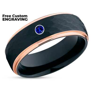 Rose Gold Wedding Ring - Blue Sapphire Ring - Black Tungsten Wedding Ring - Black Ring