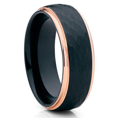 Black Tungsten Wedding Band - Rose Gold Tungsten Ring - Black Hammered - Clean Casting Jewelry