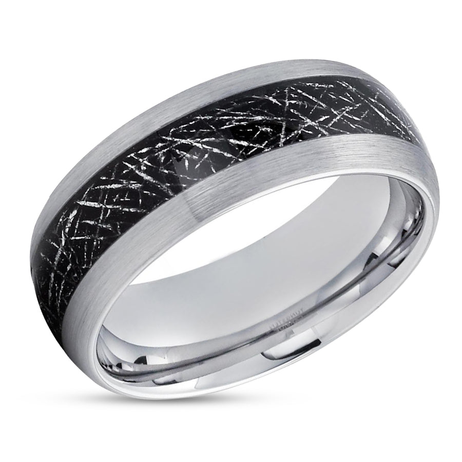Meteorite Tungsten Wedding Band - Silver Tungsten Ring - Meteorite Tungsten Ring