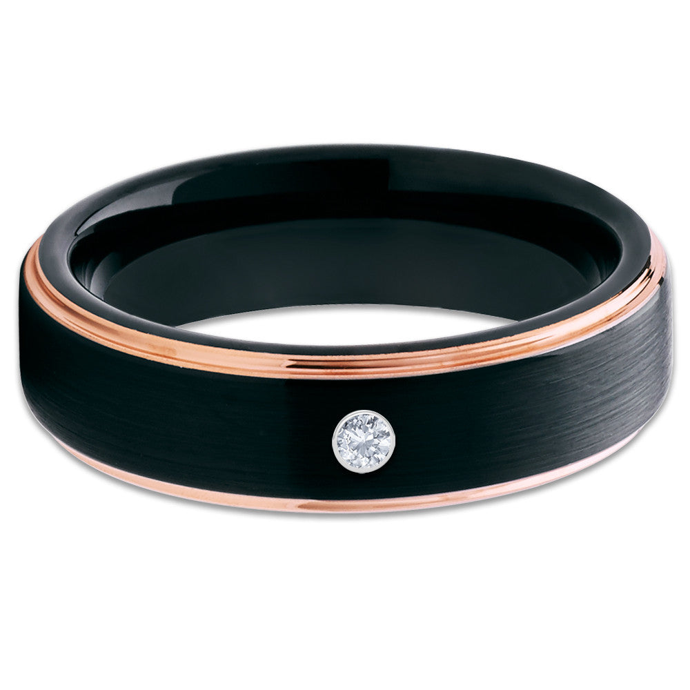 Black Tungsten Wedding Band - White Diamond Tungsten Ring - Rose Gold - Clean Casting Jewelry