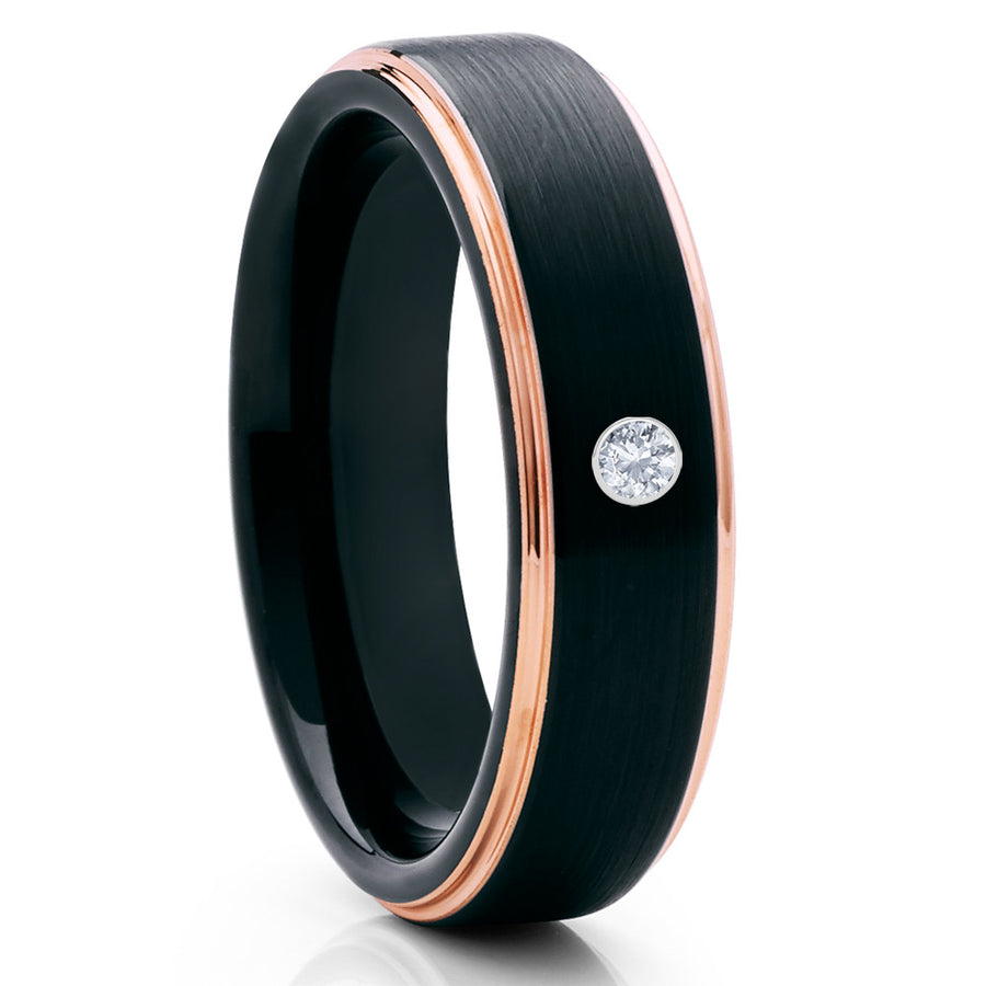 Black Tungsten Wedding Band - White Diamond Tungsten Ring - Rose Gold - Clean Casting Jewelry 