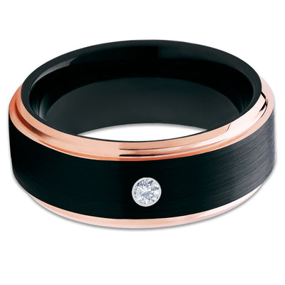 Black Tungsten Ring - Rose Gold Tungsten - White Diamond Ring - Black - Clean Casting Jewelry