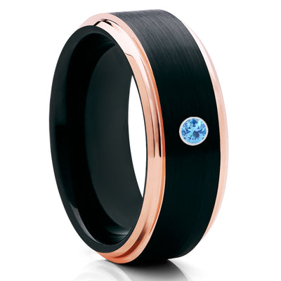 Black Tungsten Wedding Band - Aquamarine Ring - Rose Gold Tungsten Ring - Clean Casting Jewelry