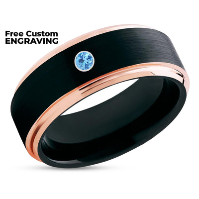 Black Tungsten Wedding Band - Blue Diamond Ring - Rose Gold - Black Ring - 18k Rose Gold