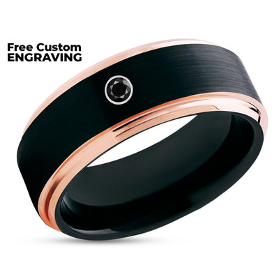 Black Tungsten Wedding Band - Black Diamond Ring - Rose Gold Tungsten - Brush