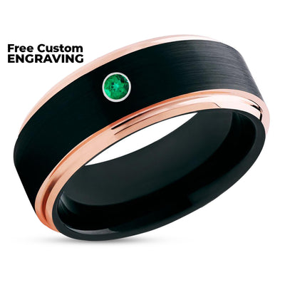 Rose Gold Wedding Ring - Emerald Wedding Ring - Black Tungsten Ring - Anniversary Ring -Black Ring