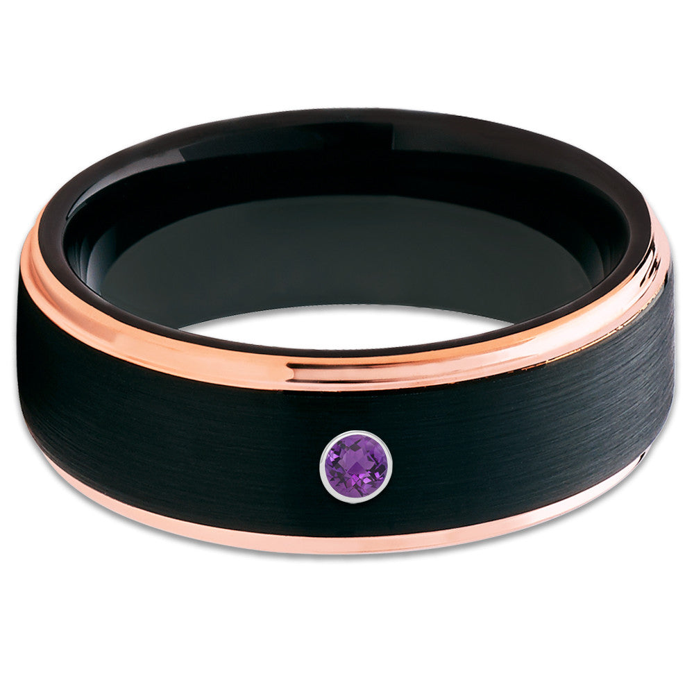 Amethyst Wedding Band - Black Tungsten Ring - Rose Gold Tungsten Band - Clean Casting Jewelry