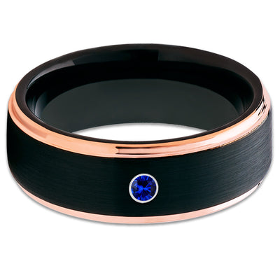Rose Gold Tungsten - Blue Sapphire Ring - Black Tungsten Wedding Band - Clean Casting Jewelry