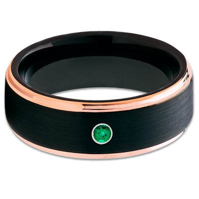 Rose Gold Tungsten Ring - Black Tungsten Band - Emerald Ring - Brush - Clean Casting Jewelry