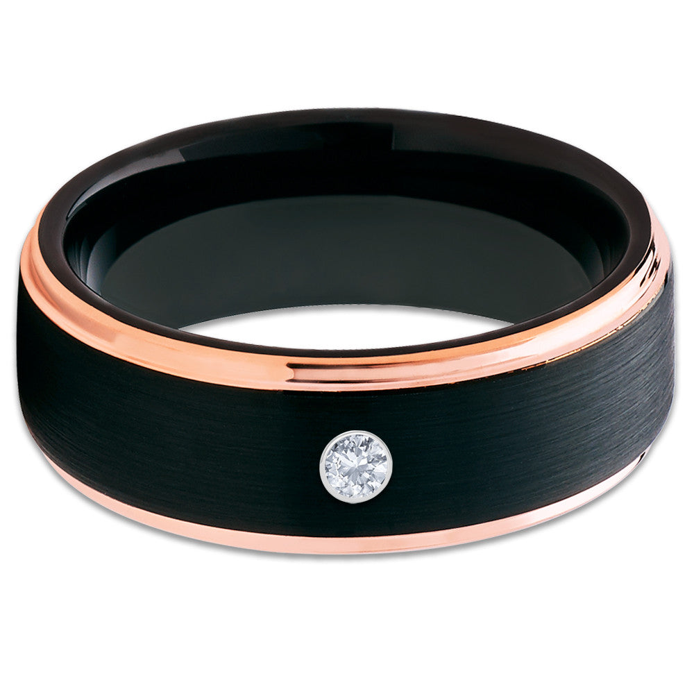 Black Tungsten Ring - White Diamond Tungsten - Rose Gold Tungsten Ring - Clean Casting Jewelry