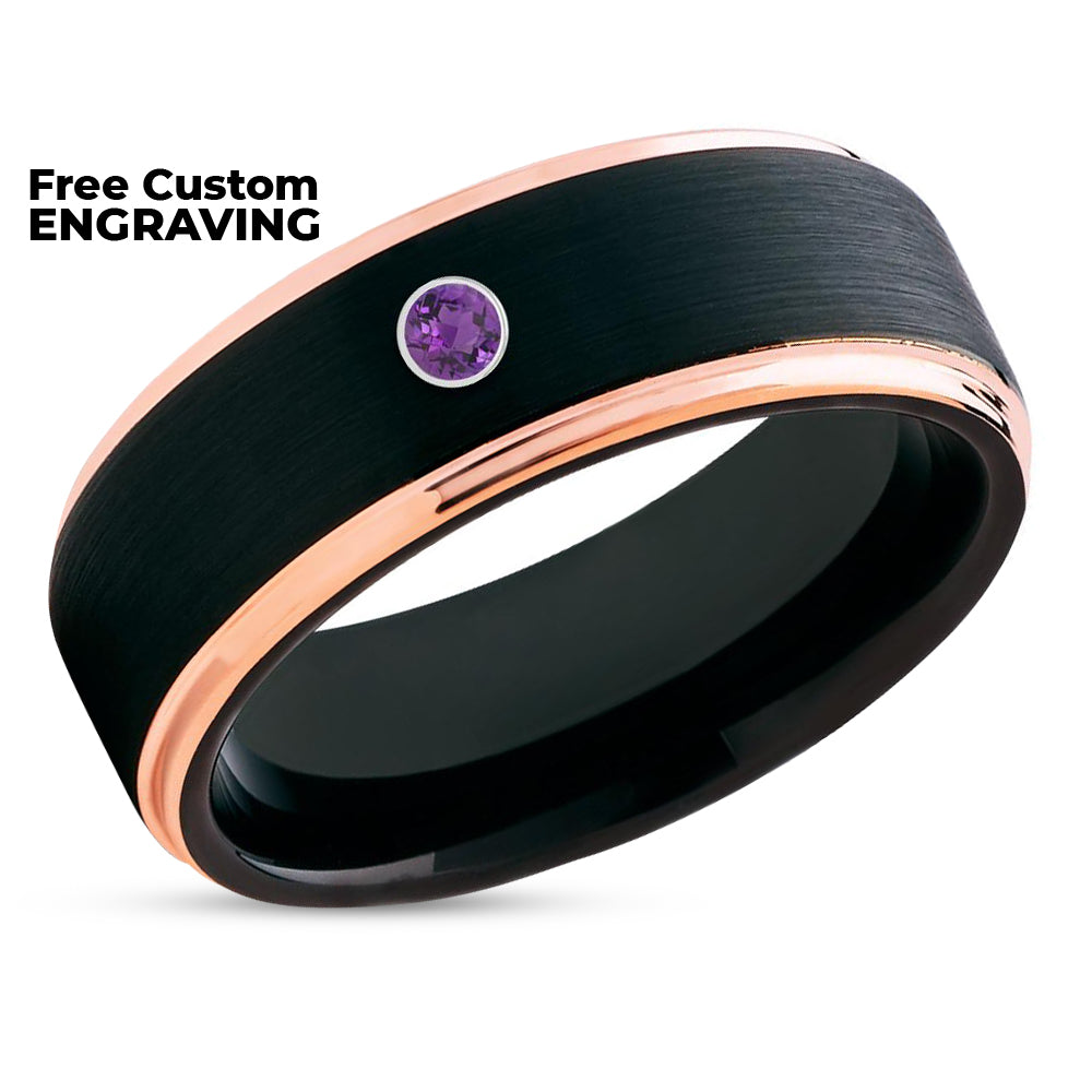 Amethyst Wedding Ring - Black Tungsten Ring - Rose Gold Wedding Band - Man's Ring - Women's