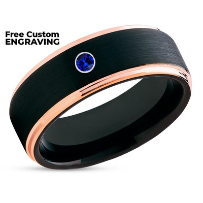 Rose Gold Wedding Ring - Blue Sapphire Ring - Black Tungsten Ring - Anniversary Ring - Black Ring