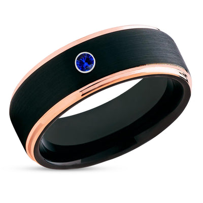 Rose Gold Wedding Ring - Blue Sapphire Ring - Black Tungsten Ring - Anniversary Ring - Black Ring