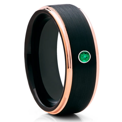 Rose Gold Tungsten Ring - Black Tungsten Band - Emerald Ring - Brush - Clean Casting Jewelry