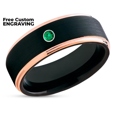Rose Gold Tungsten Ring - Black Tungsten Band - Emerald Ring - Black Wedding Ring