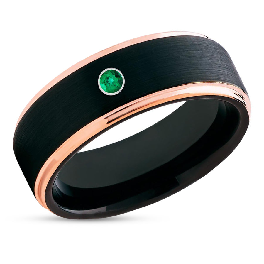 Rose Gold Tungsten Ring - Black Tungsten Band - Emerald Ring - Black Wedding Ring