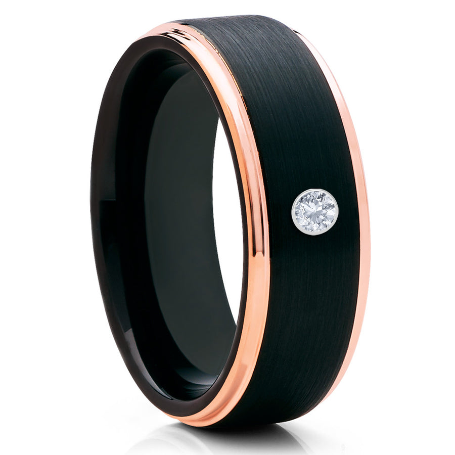 Black Tungsten Ring - White Diamond Tungsten - Rose Gold Tungsten Ring - Clean Casting Jewelry 