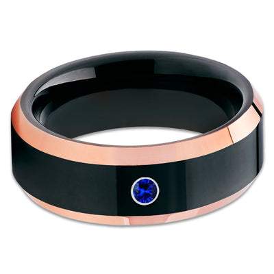 Blue Sapphire Tungsten Ring - Black Tungsten Ring - Rose Gold Tungsten Ring - Clean Casting Jewelry