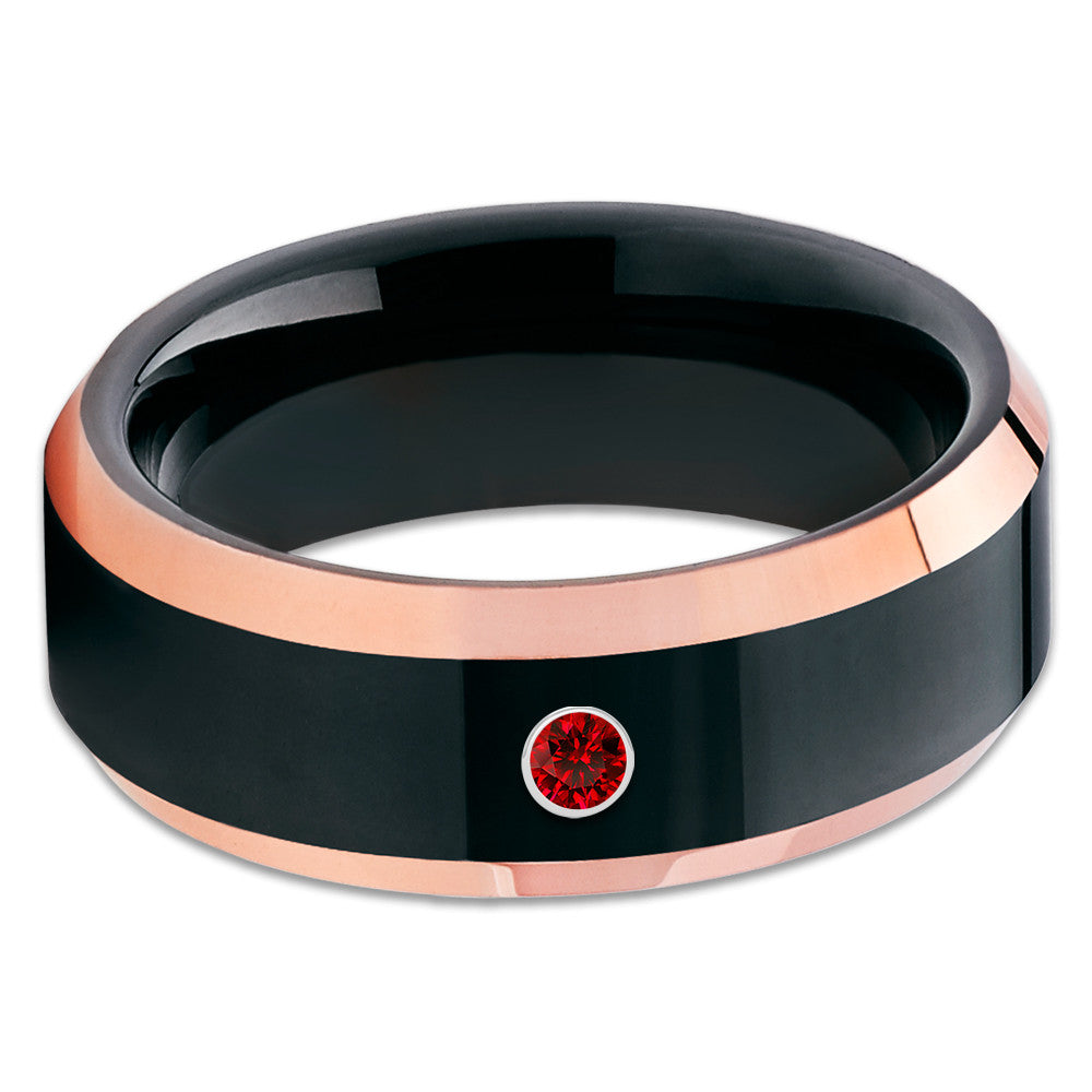 Black Wedding Ring - Rose Gold Wedding Ring - Black Tungsten Ring - Ruby Wedding Ring