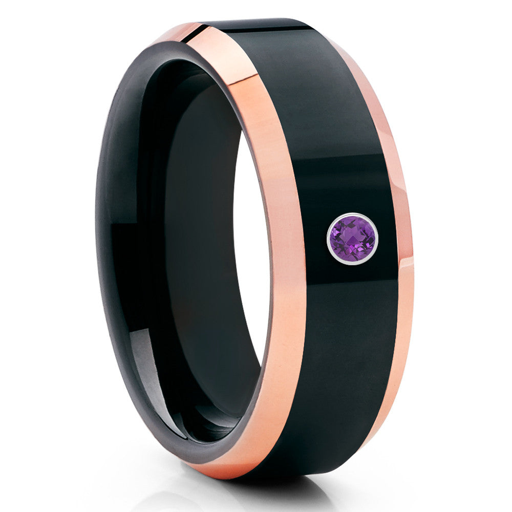 Amethyst Tungsten Wedding Band - Rose Gold Tungsten Ring - Black Tungsten - Clean Casting Jewelry