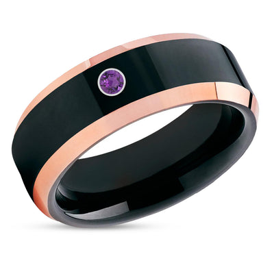 Black Wedding Ring - Rose Gold Wedding Band - Tungsten Wedding Ring - Amethyst Ring