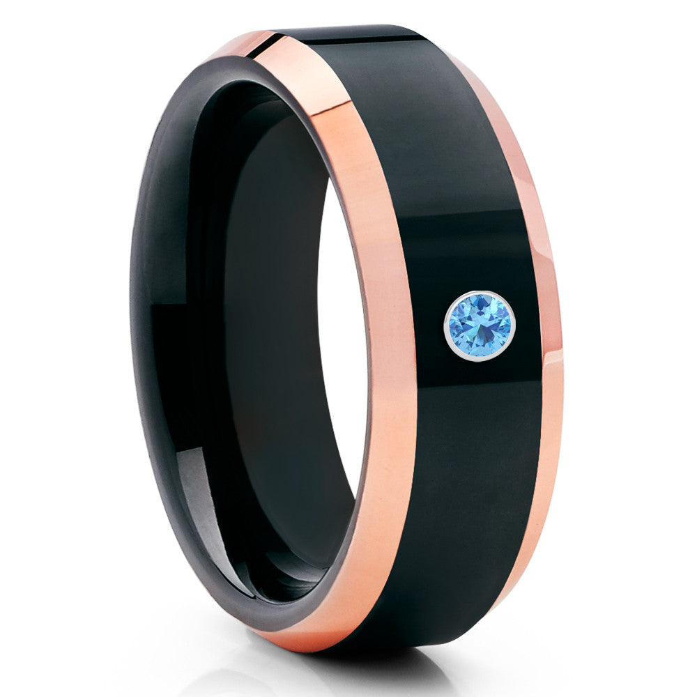 Rose Gold Tungsten Ring - Aquamarine Tungsten Ring - Black Tungsten Wedding Band - Clean Casting Jewelry