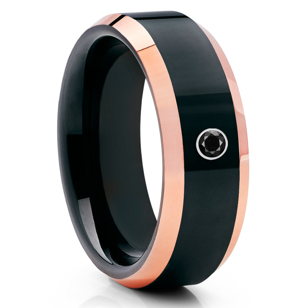 Black Tungsten Ring - Rose Gold Tungsten - Black Diamond - Shiny - Clean Casting Jewelry