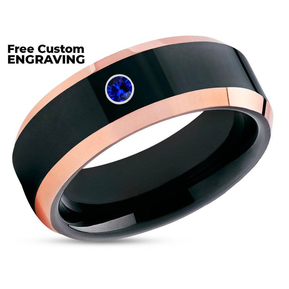 Black Wedding Ring - Rose Gold Wedding Ring - Man's Wedding Ring - Blue Sapphire Ring