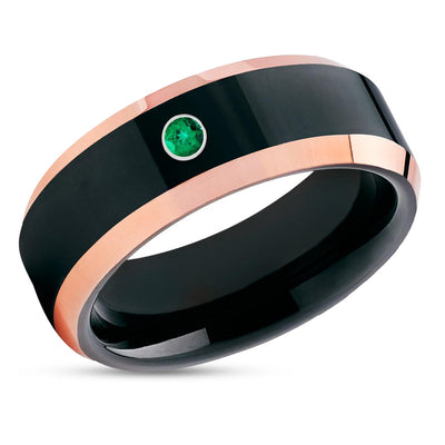 Black Wedding Ring - Rose Gold Tungsten Ring - Anniversary Ring - Emerald Ring - Wedding Band