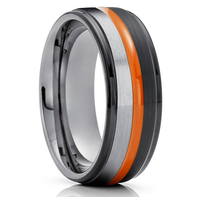 Orange Wedding Ring - Gunmetal Wedding Band - Black Tungsten Ring - Tungsten Wedding Ring - Orange