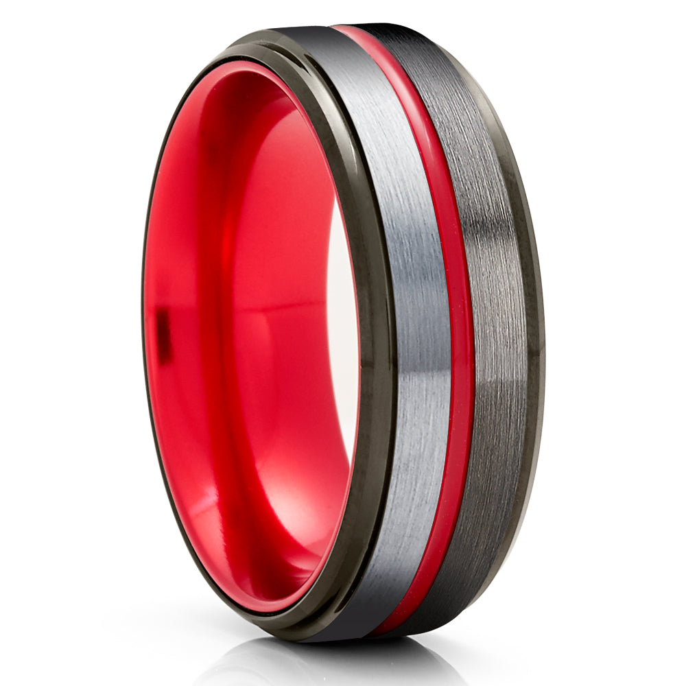 Red Tungsten Ring - Gunmetal Wedding Ring - Tungsten Carbide Ring - Red Wedding Band