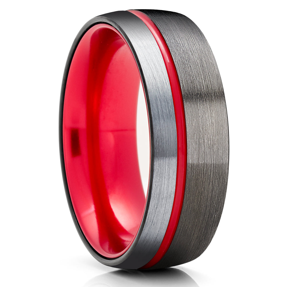 Red Tungsten Ring - Red Wedding Ring - Tungsten Wedding Ring - Gunmetal Wedding Ring