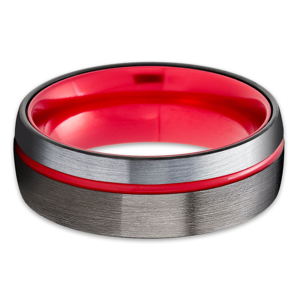 Red Tungsten Ring - Red Wedding Ring - Tungsten Wedding Ring - Gunmetal Wedding Ring