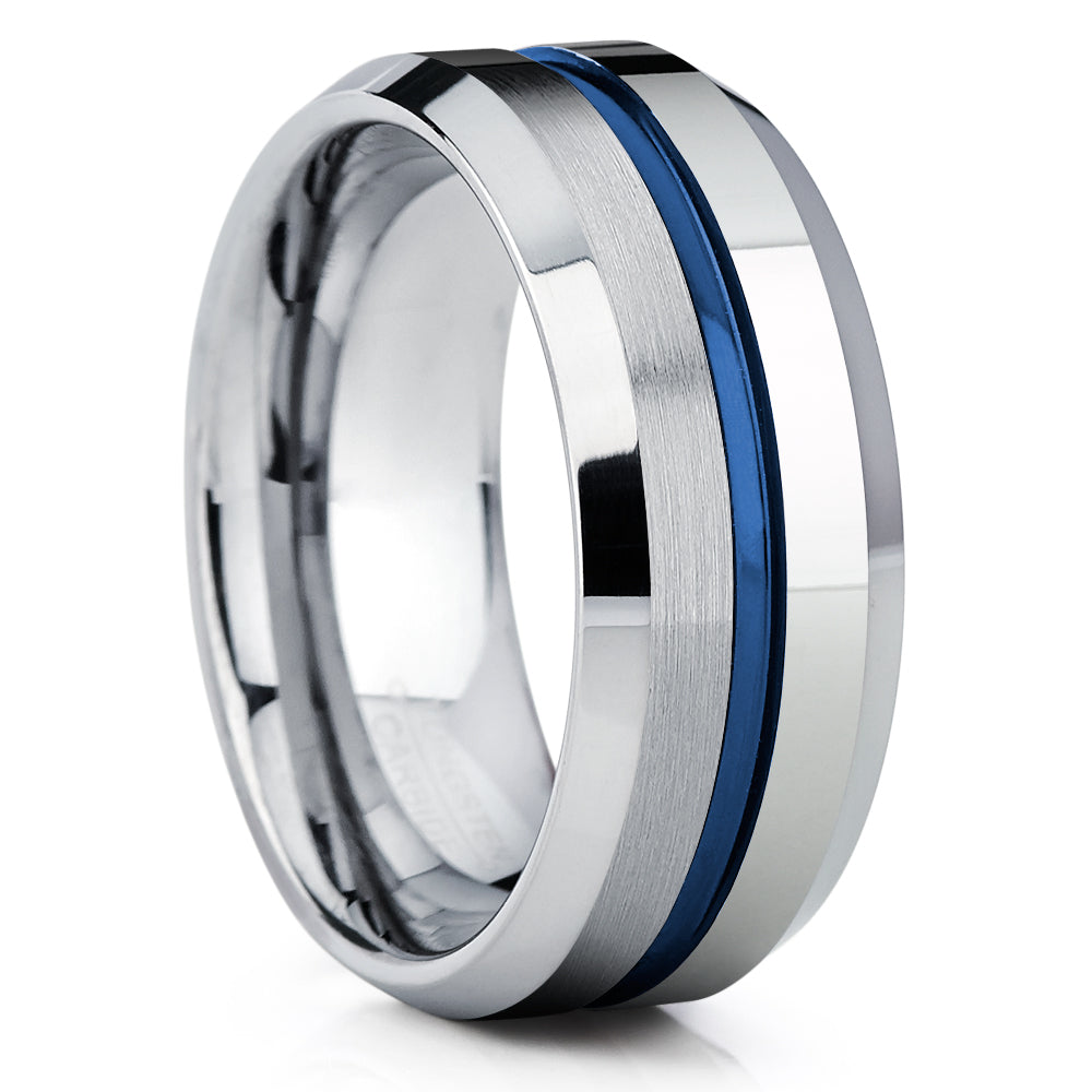 Blue Tungsten Ring -  Silver Wedding Ring - Blue Wedding Band - Tungsten Wedding Band