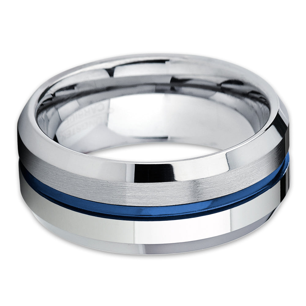 Blue Tungsten Ring -  Silver Wedding Ring - Blue Wedding Band - Tungsten Wedding Band