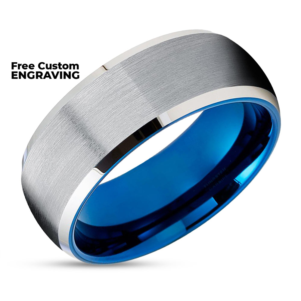 Blue Wedding Ring - Blue Tungsten Ring - 8mm Wedding Ring - Silver Wedding Ring - Tungsten Band