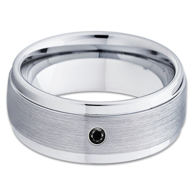 Black Diamond Tungsten Ring - Silver Tungsten - Men's Tungsten Band - Brush - Clean Casting Jewelry