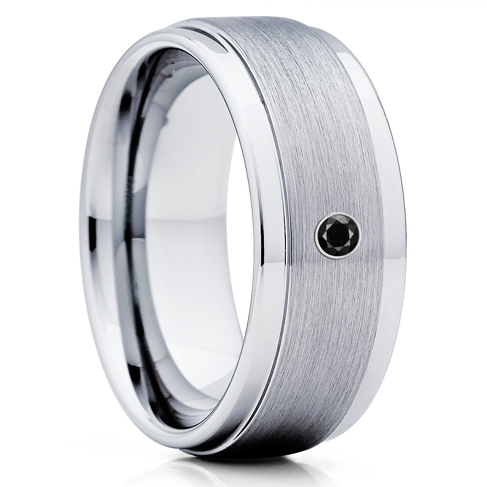 Black Diamond Tungsten Ring - Silver Tungsten - Men's Tungsten Band - Brush - Clean Casting Jewelry