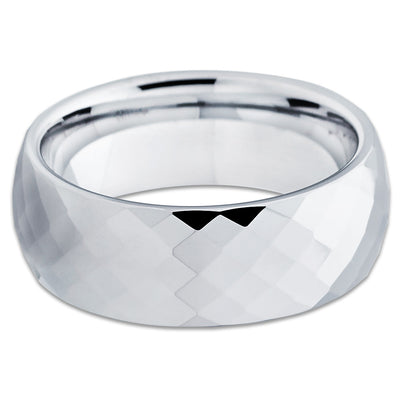 Tungsten Wedding Band - Silver Tungsten - Faceted - Tungsten Wedding Ring - Clean Casting Jewelry