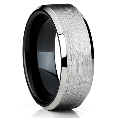 Black Tungsten Wedding Band - Tungsten Carbide Ring - Brushed - Silver - Clean Casting Jewelry
