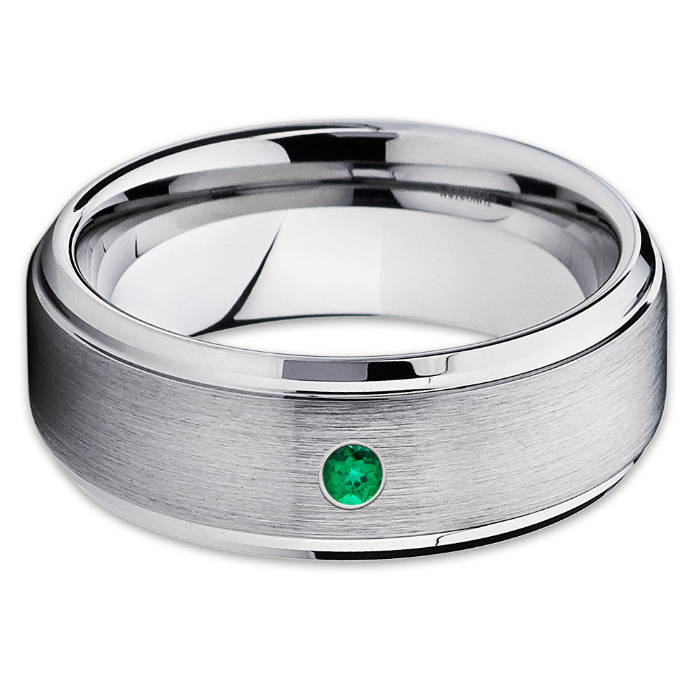 Emerald Tungsten Wedding Band - Silver Tungsten Ring - Emerald Tungsten Ring - Clean Casting Jewelry