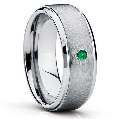 Emerald Tungsten Wedding Band - Silver Tungsten Ring - Emerald Tungsten Ring - Clean Casting Jewelry