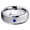 Silver Tungsten Wedding Band - Blue Sapphire Tungsten Ring - 8mm - Brush - Clean Casting Jewelry